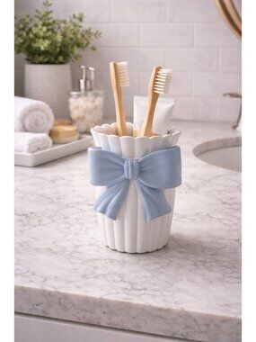 New White W/ Blue Bow Victorian Bathroom Rsein Tooth Brush Holder Storage